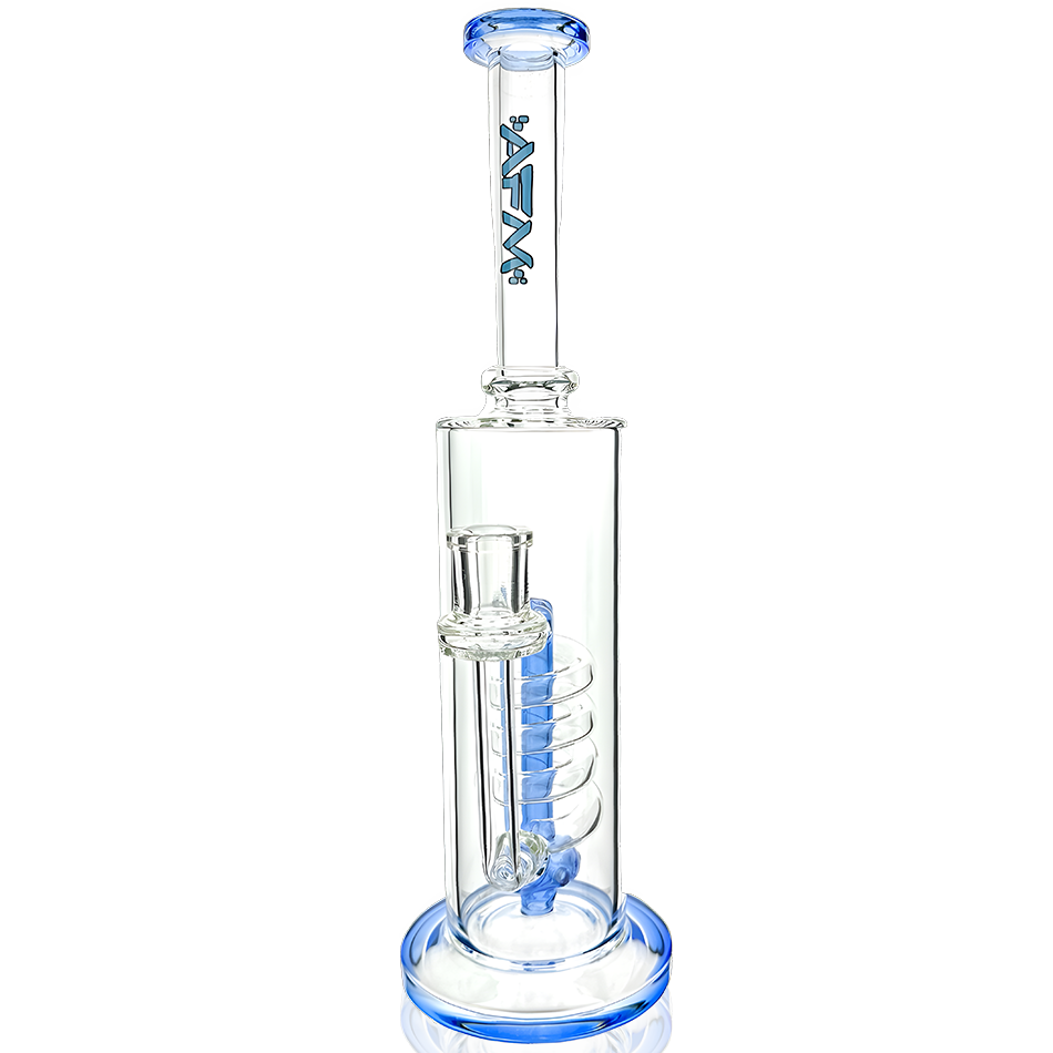 Front view of the Spiral Waterfall Glass Rig, showcasing its spiraling clear glass design against a plain white background. Front view of the Spiral Waterfall Glass Rig, showcasing its spiraling clear glass design against a plain white background.
