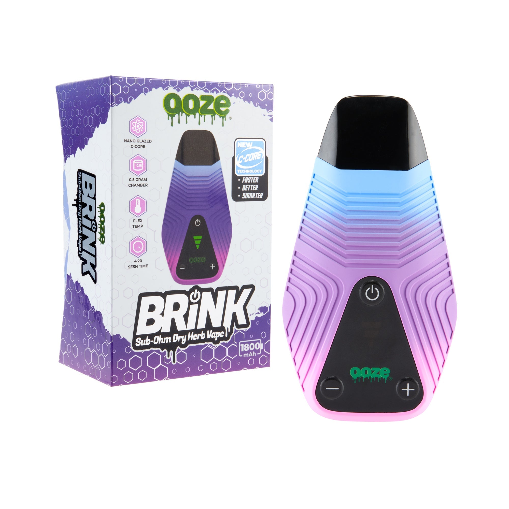 Front view of the Brink Dry Herb Vaporizer, a purple device with digital display and textured grip, set against a dark background. Front view of the Brink Dry Herb Vaporizer, a purple device with digital display and textured grip, set against a dark background.