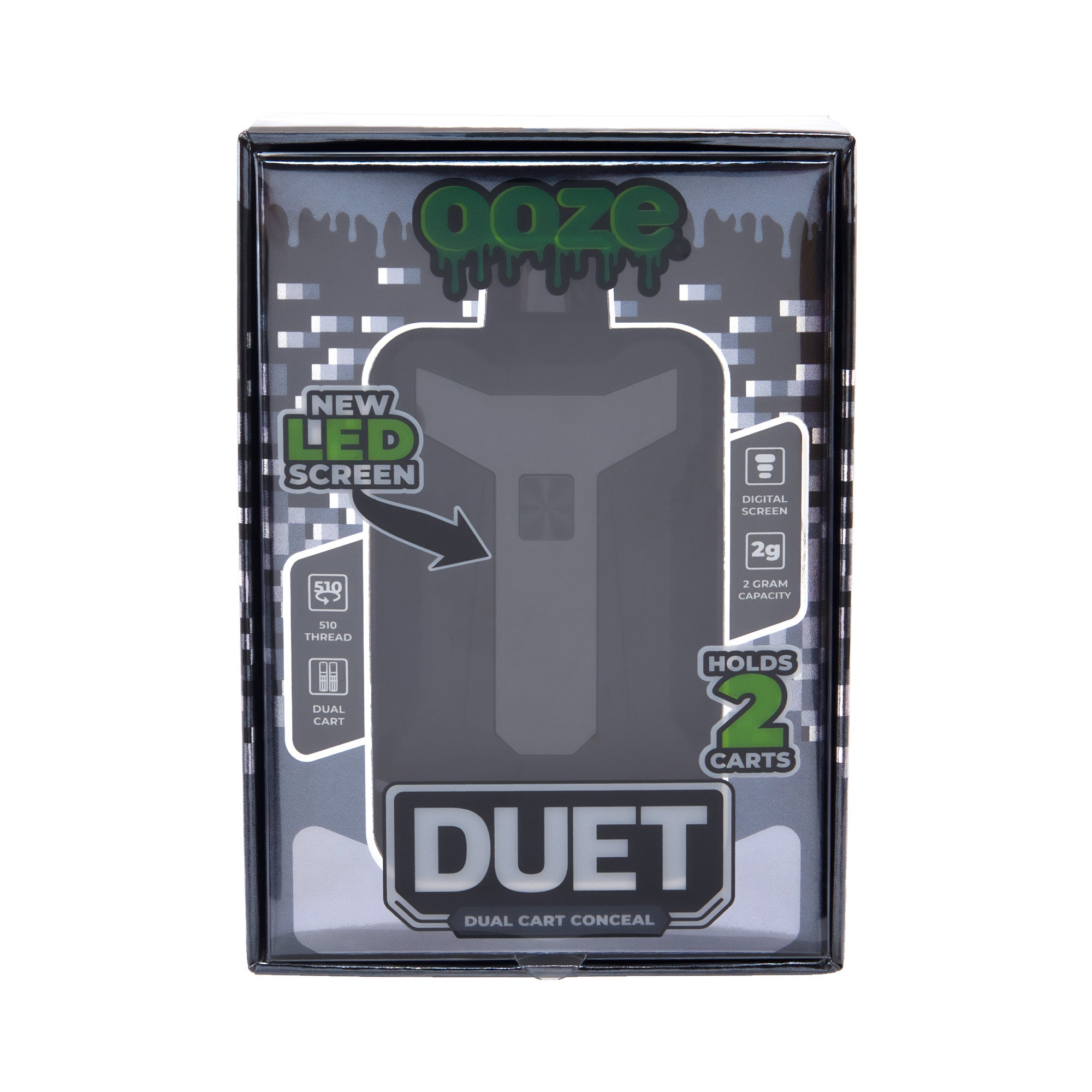Front view of the Duet 510 Dual Conceal Cart Battery, showing a close-up of the device with text labels on a dark background. Front view of the Duet 510 Dual Conceal Cart Battery, showing a close-up of the device with text labels on a dark background.