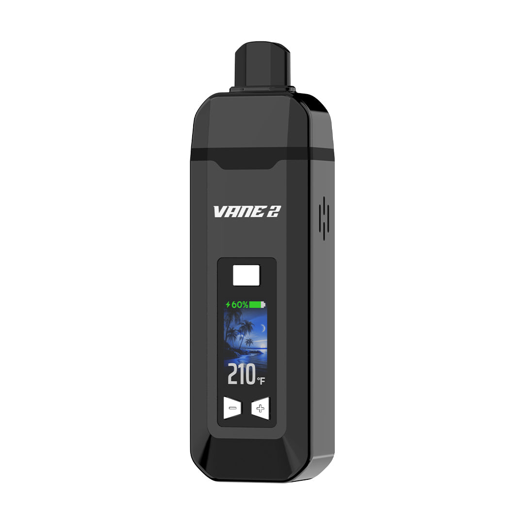 Front view of the Yocan Vane 2 Vaporizer, a sleek, black pen-style device with a digital display. Front view of the Yocan Vane 2 Vaporizer, a sleek, black pen-style device with a digital display.