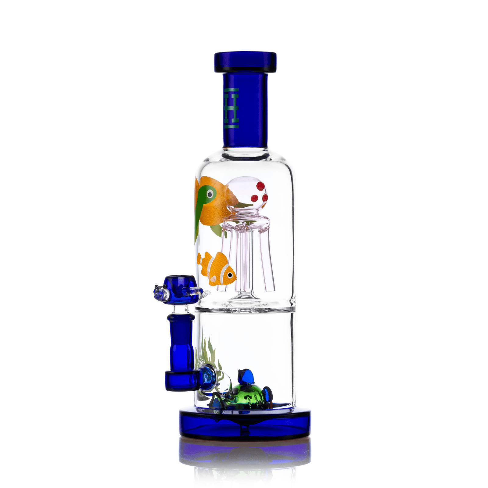 Front view of the Ocean XL Bong, a clear glass water pipe with blue accents and sculpted sea life details. Front view of the Ocean XL Bong, a clear glass water pipe with blue accents and sculpted sea life details.