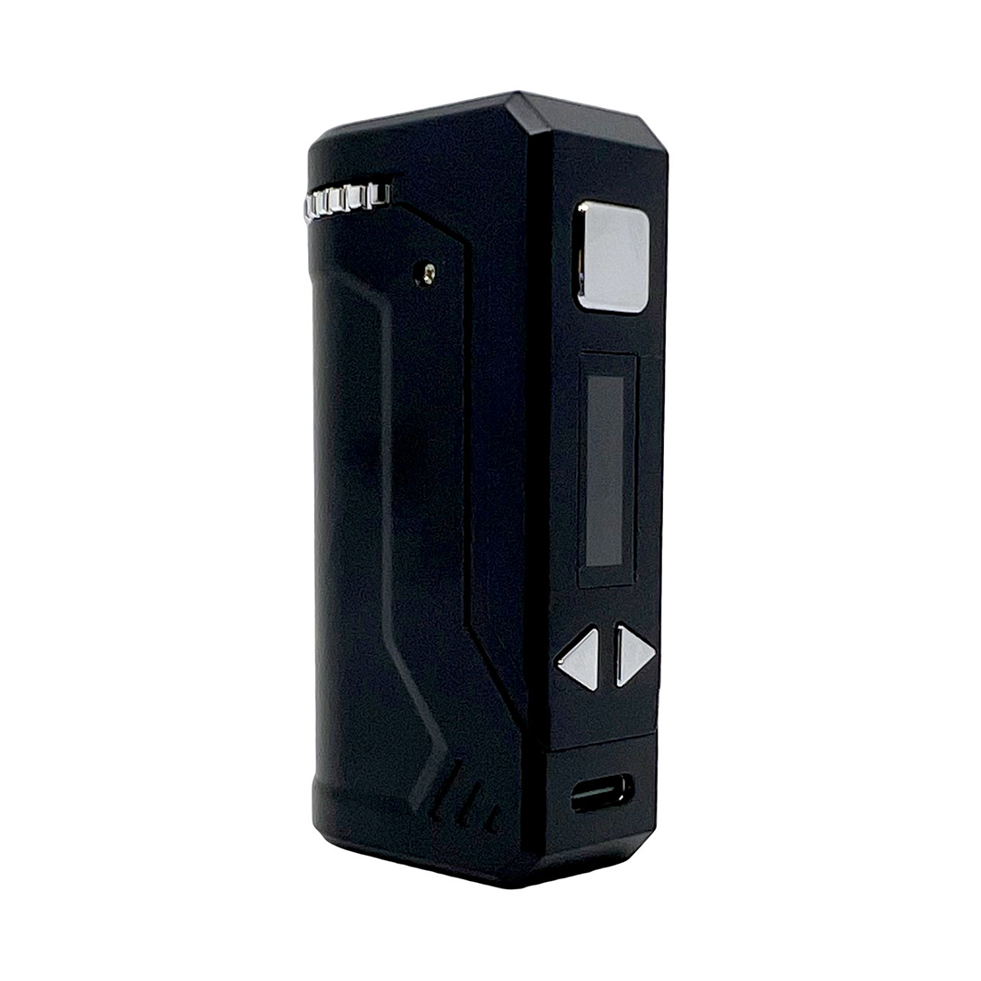Front view of the Yocan UNI Pro Plus, a sleek, black device with a digital display and button controls. Front view of the Yocan UNI Pro Plus, a sleek, black device with a digital display and button controls.