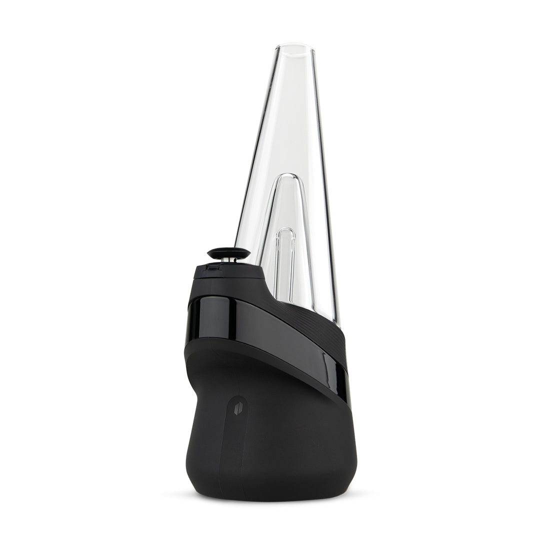 Front view of the New Peak Vaporizer, showcasing its sleek black design and angled glass component. Front view of the New Peak Vaporizer, showcasing its sleek black design and angled glass component.