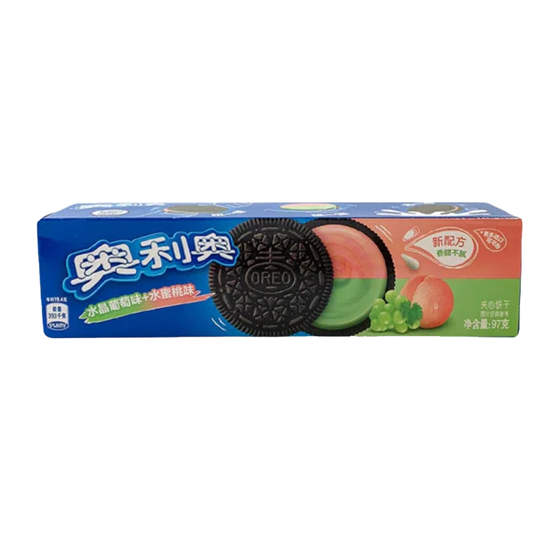 A front view of Oreo Cookies - Grape & Peach in a blue package with Chinese text and a peach/grape design. A front view of Oreo Cookies - Grape & Peach in a blue package with Chinese text and a peach/grape design.