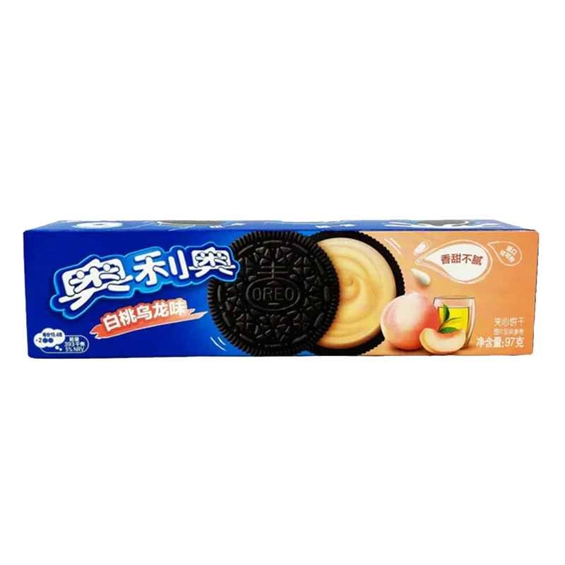 A close-up, angled view of Oreo Cookies - Peach Oolong packaging with a vibrant peach and floral design. A close-up, angled view of Oreo Cookies - Peach Oolong packaging with a vibrant peach and floral design.