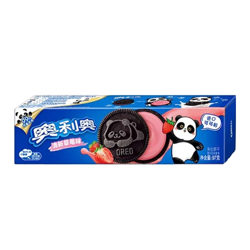 A close-up, angled shot of Oreo Cookies - Strawberry packaging with Chinese text, displaying a stack of the cookies. A close-up, angled shot of Oreo Cookies - Strawberry packaging with Chinese text, displaying a stack of the cookies.