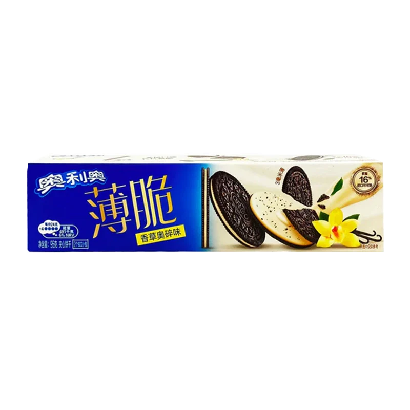 A close-up, angled view of Oreo Ultra-Thin Cookies - Vanilla, stacked and displayed with Chinese text on the packaging. A close-up, angled view of Oreo Ultra-Thin Cookies - Vanilla, stacked and displayed with Chinese text on the packaging.