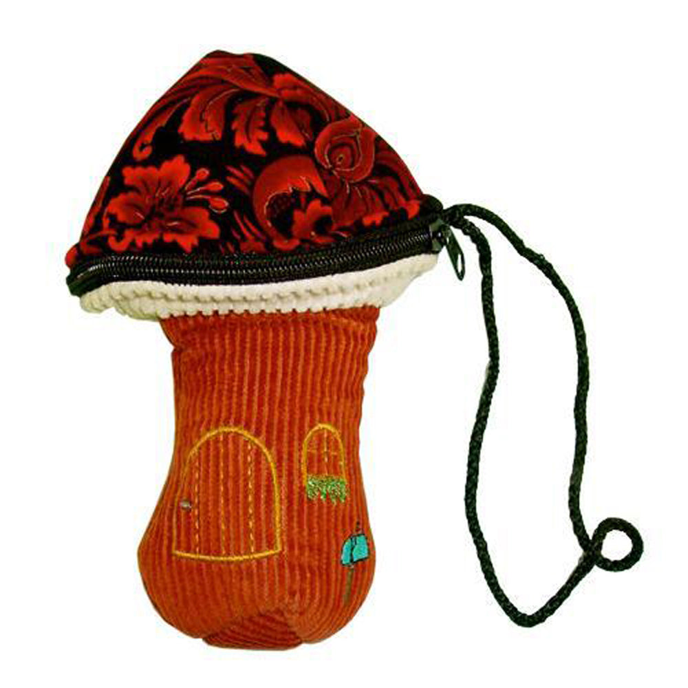 Front view of the Corduroy Mushroom Padded Pipe Pouch, a colorful, padded pouch shaped like a mushroom with a drawstring. Front view of the Corduroy Mushroom Padded Pipe Pouch, a colorful, padded pouch shaped like a mushroom with a drawstring.