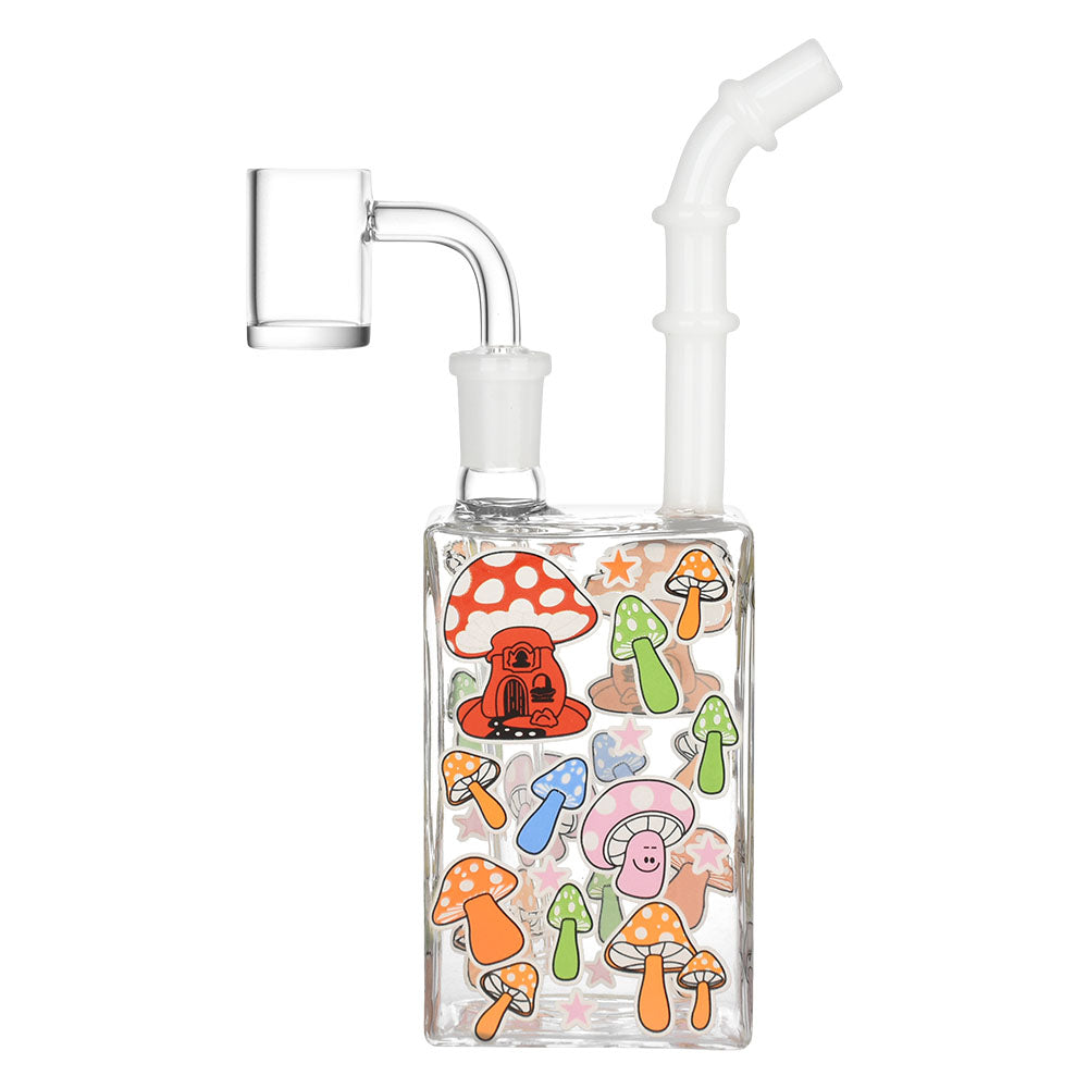 Front view of the Glow Mushroom Juice Box Dab Rig, showcasing a colorful mushroom pattern on clear glass. Front view of the Glow Mushroom Juice Box Dab Rig, showcasing a colorful mushroom pattern on clear glass.