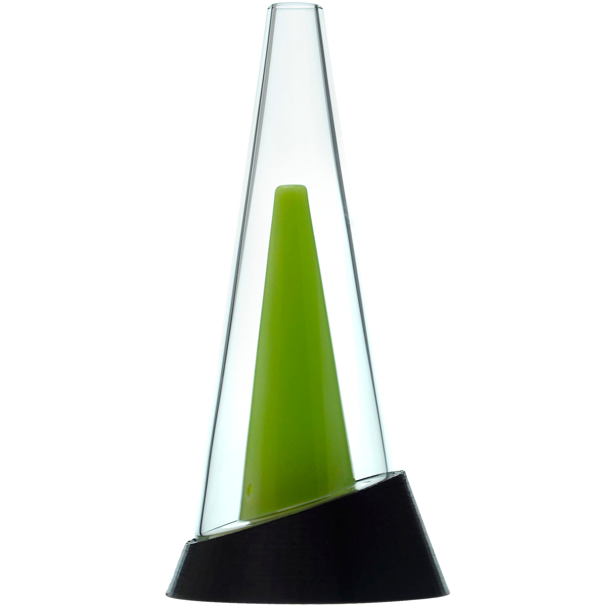 Front view of the Glassic Puffco Peak replacement glass, showing a clear glass form with a green interior accent. Front view of the Glassic Puffco Peak replacement glass, showing a clear glass form with a green interior accent.