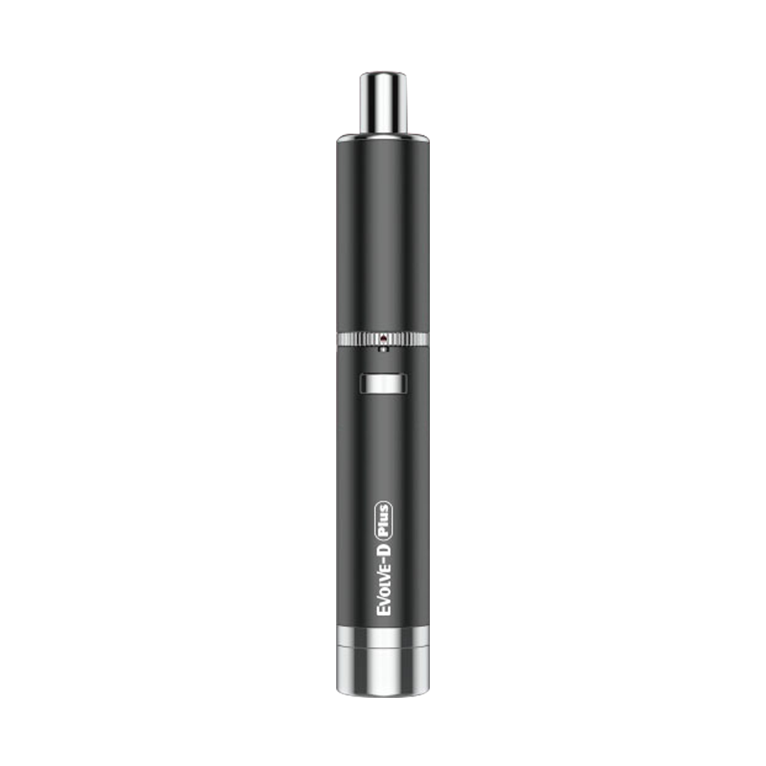 Front view of the Yocan Evolve-D Plus (2020) vaporizer with a sleek, metallic finish, angled slightly on a plain background. Front view of the Yocan Evolve-D Plus (2020) vaporizer with a sleek, metallic finish, angled slightly on a plain background.
