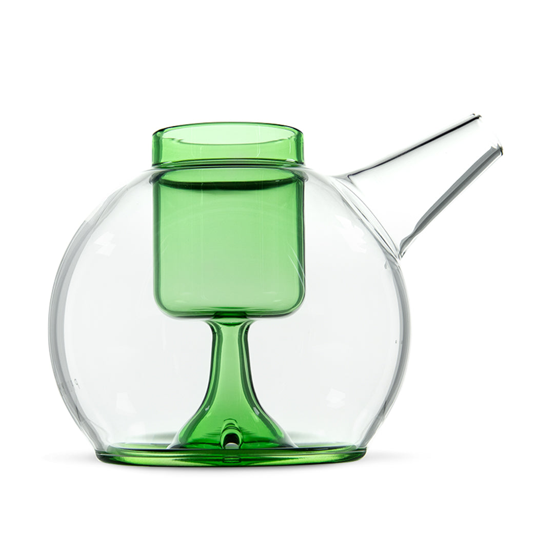 Front view of the Proxy Ripple, a green glass piece with a rounded base and slender neck, set against a plain white background. Front view of the Proxy Ripple, a green glass piece with a rounded base and slender neck, set against a plain white background.