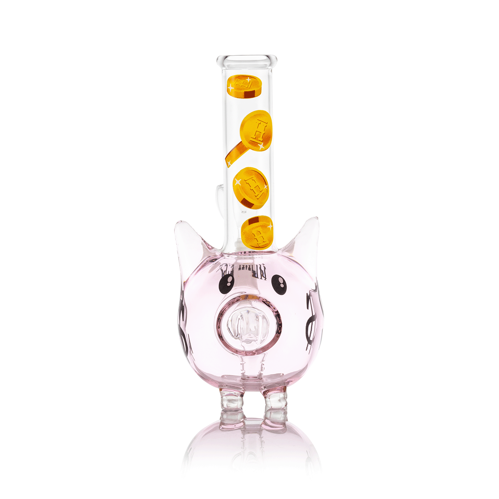 Front view of the Piggy Bank Bong, a whimsical glass piece resembling a piggy bank with a rounded base and textured details. Front view of the Piggy Bank Bong, a whimsical glass piece resembling a piggy bank with a rounded base and textured details.