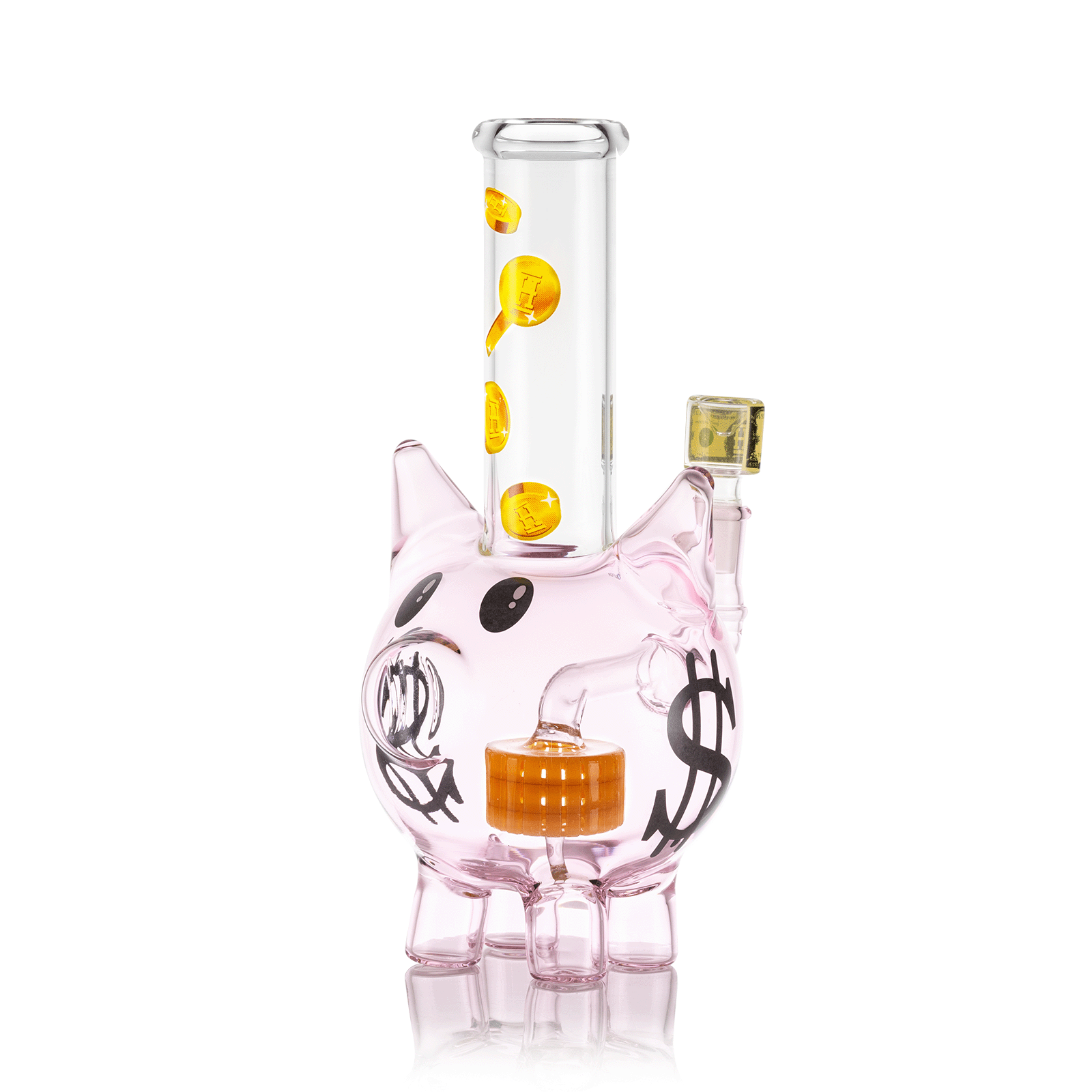 Front view of the Piggy Bank XL Bong, a pink glass sculpture resembling a piggy bank with a curved neck and detailed base. Front view of the Piggy Bank XL Bong, a pink glass sculpture resembling a piggy bank with a curved neck and detailed base.