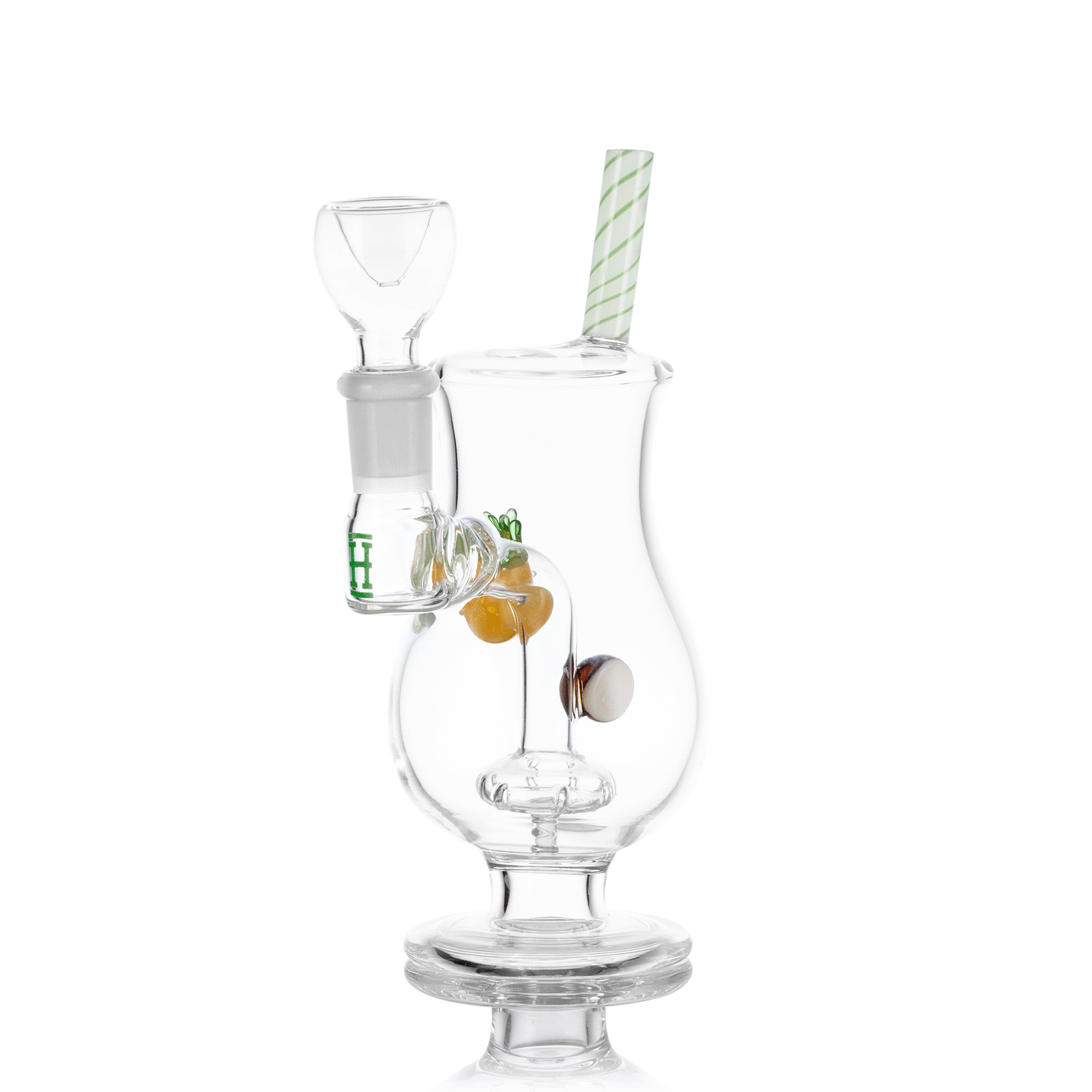 A studio shot of the Pina Colada Bong, showcasing its clear glass construction and unique, curved shape against a plain white background. A studio shot of the Pina Colada Bong, showcasing its clear glass construction and unique, curved shape against a plain white background.