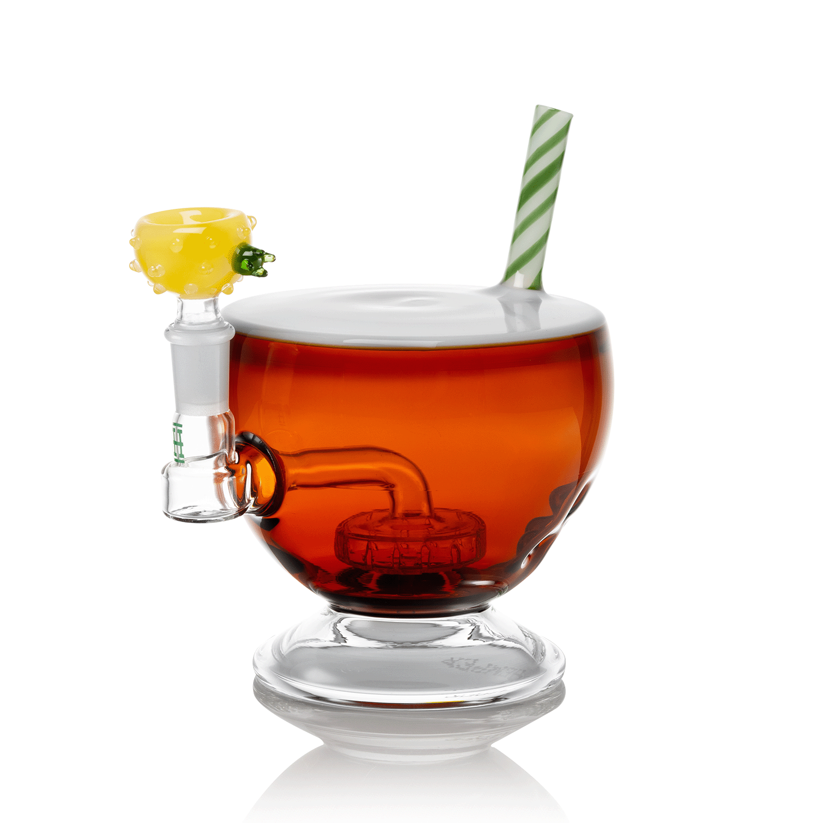 Front view of the Pina Colada XL Bong, showcasing a clear glass water pipe with a wide base and decorative green accents. Front view of the Pina Colada XL Bong, showcasing a clear glass water pipe with a wide base and decorative green accents.