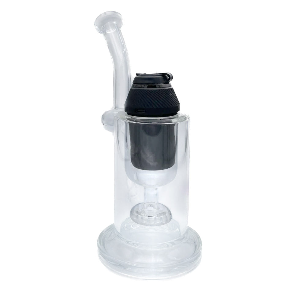 A front view of the Puffco Proxy Glass Recycler, showing its clear glass construction and unique bubbler design. A front view of the Puffco Proxy Glass Recycler, showing its clear glass construction and unique bubbler design.