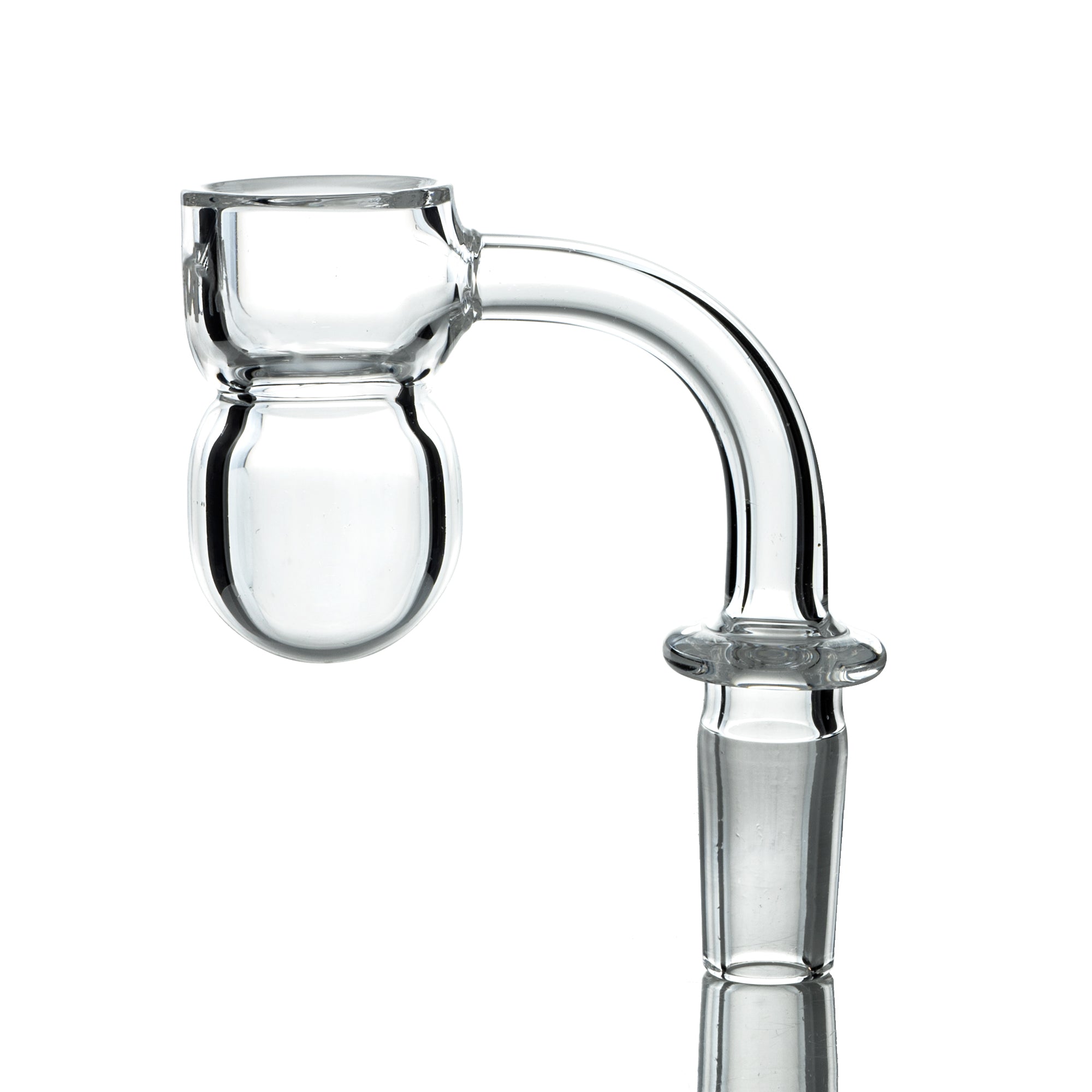 A close-up, angled view of the Splash Guard Round Bottom 3mm x 25mm Quartz Banger, showcasing its clear quartz construction. A close-up, angled view of the Splash Guard Round Bottom 3mm x 25mm Quartz Banger, showcasing its clear quartz construction.