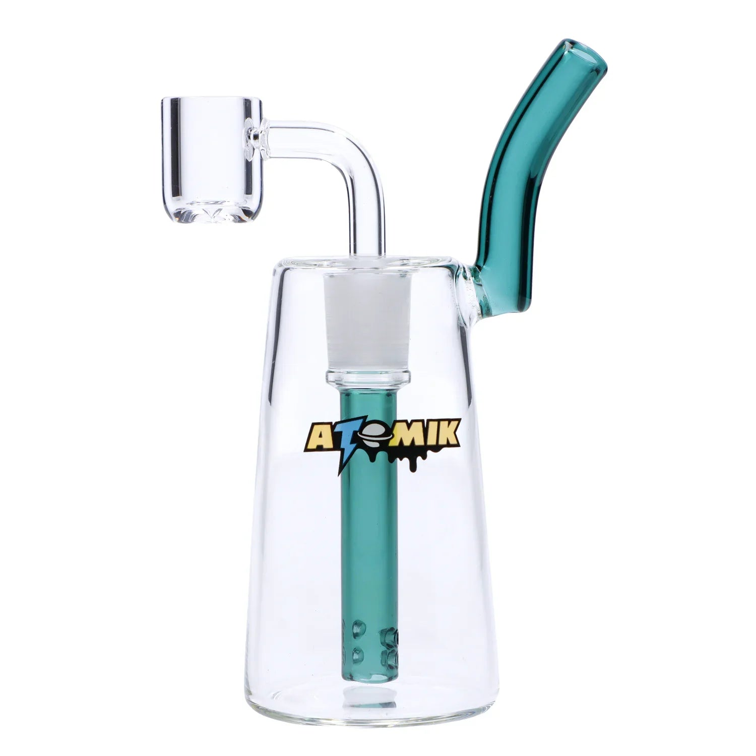 A studio shot of the 6-inch Milky Way Dab Rig, featuring a clear glass body and angled neck, against a plain white backdrop. A studio shot of the 6-inch Milky Way Dab Rig, featuring a clear glass body and angled neck, against a plain white backdrop.