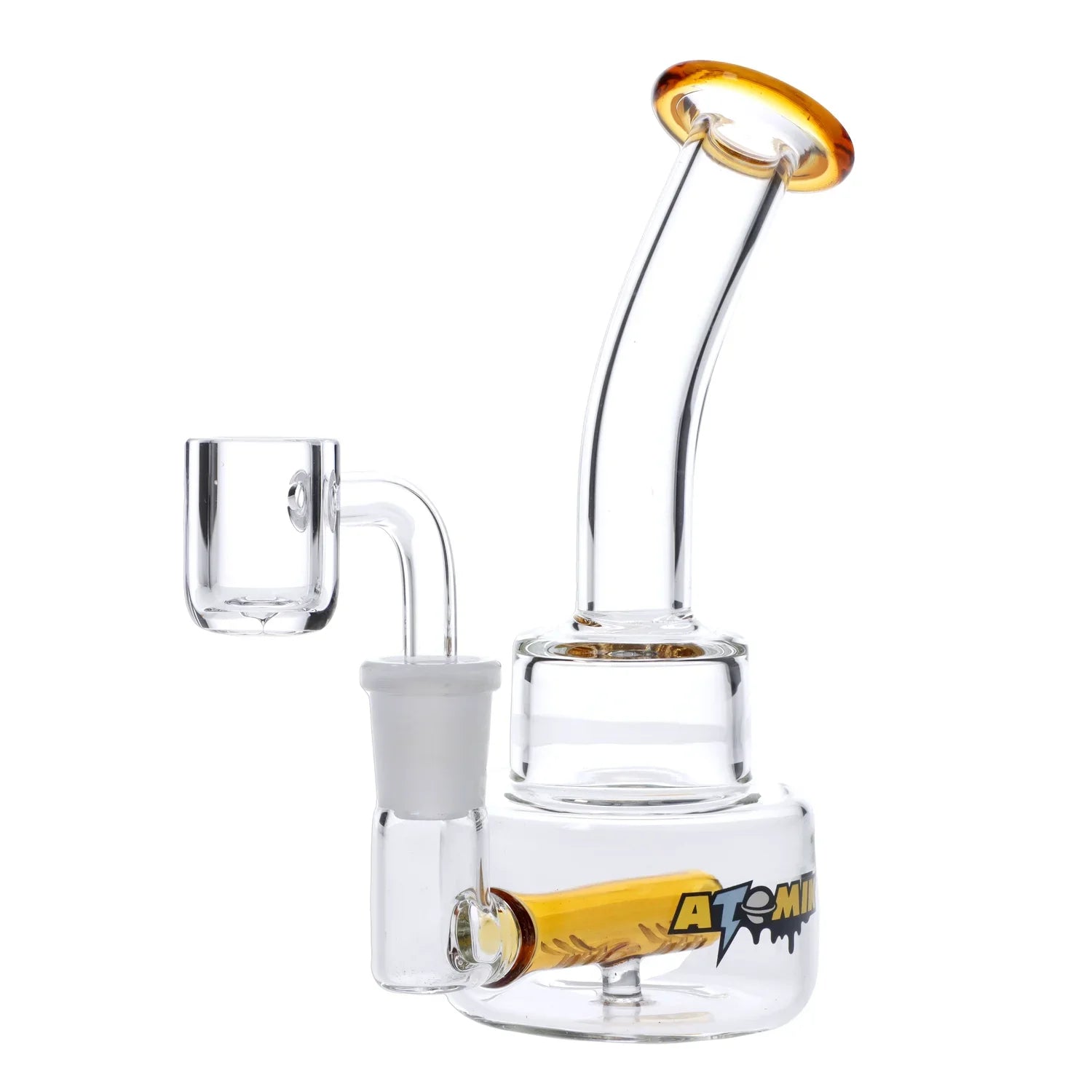 A studio shot of the 5.5-inch Comet Dab Rig, featuring a clear glass construction and curved neck joint. A studio shot of the 5.5-inch Comet Dab Rig, featuring a clear glass construction and curved neck joint.