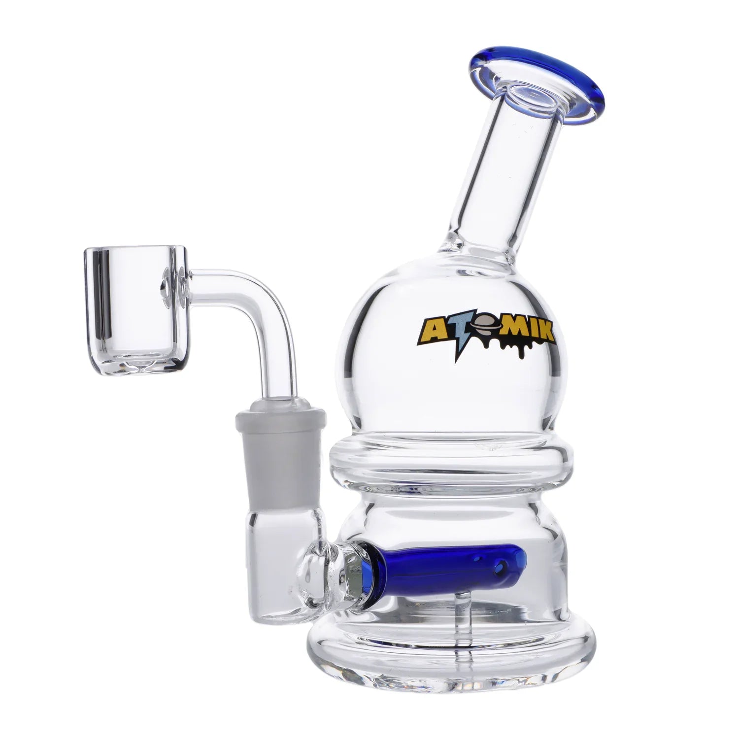 A three-quarter view of the 5.5-inch Moon Dab Rig, showcasing its clear glass construction and curved neck design. A three-quarter view of the 5.5-inch Moon Dab Rig, showcasing its clear glass construction and curved neck design.