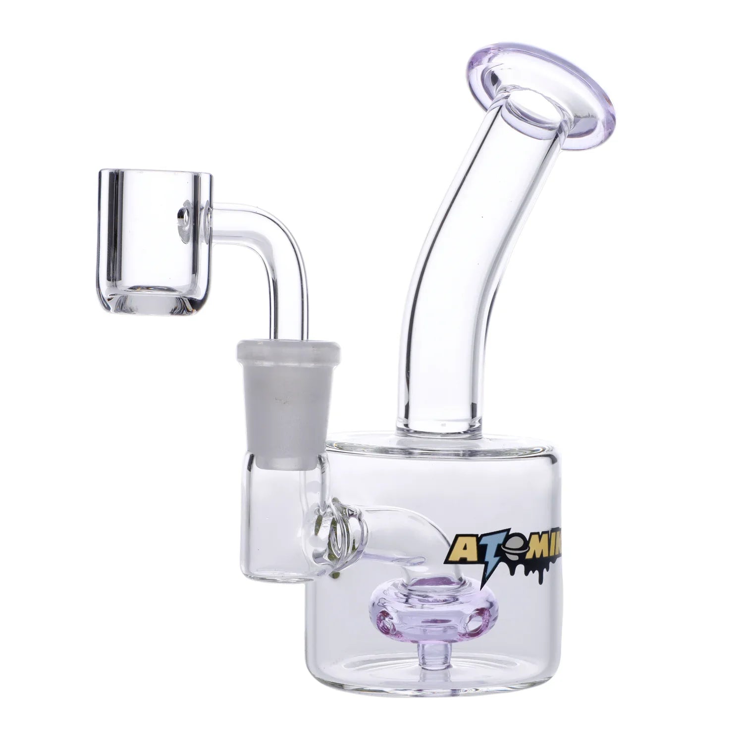 A three-quarter view of the Little Dipper Dab Rig, showing its clear glass construction and angled mouthpiece. A three-quarter view of the Little Dipper Dab Rig, showing its clear glass construction and angled mouthpiece.