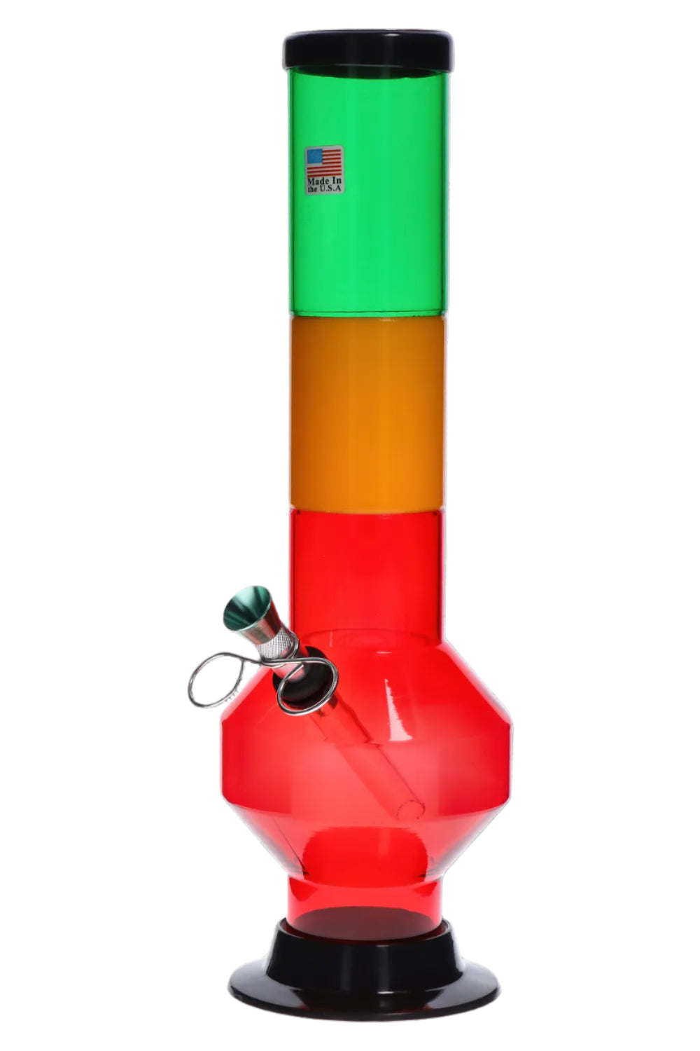 Front view of the JM Plastics Rasta Geometric with Pull Slide Acrylic Water Pipe, featuring a colorful geometric design. Front view of the JM Plastics Rasta Geometric with Pull Slide Acrylic Water Pipe, featuring a colorful geometric design.