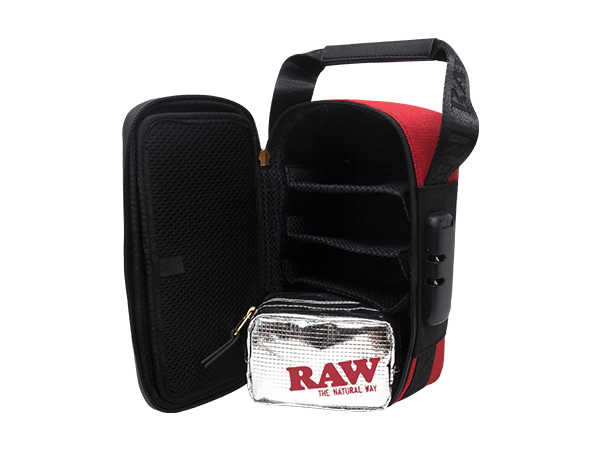 Open view of the Dank Locker CarryRAWl Bag, revealing a black interior with multiple zippered compartments and a carry handle. Open view of the Dank Locker CarryRAWl Bag, revealing a black interior with multiple zippered compartments and a carry handle.