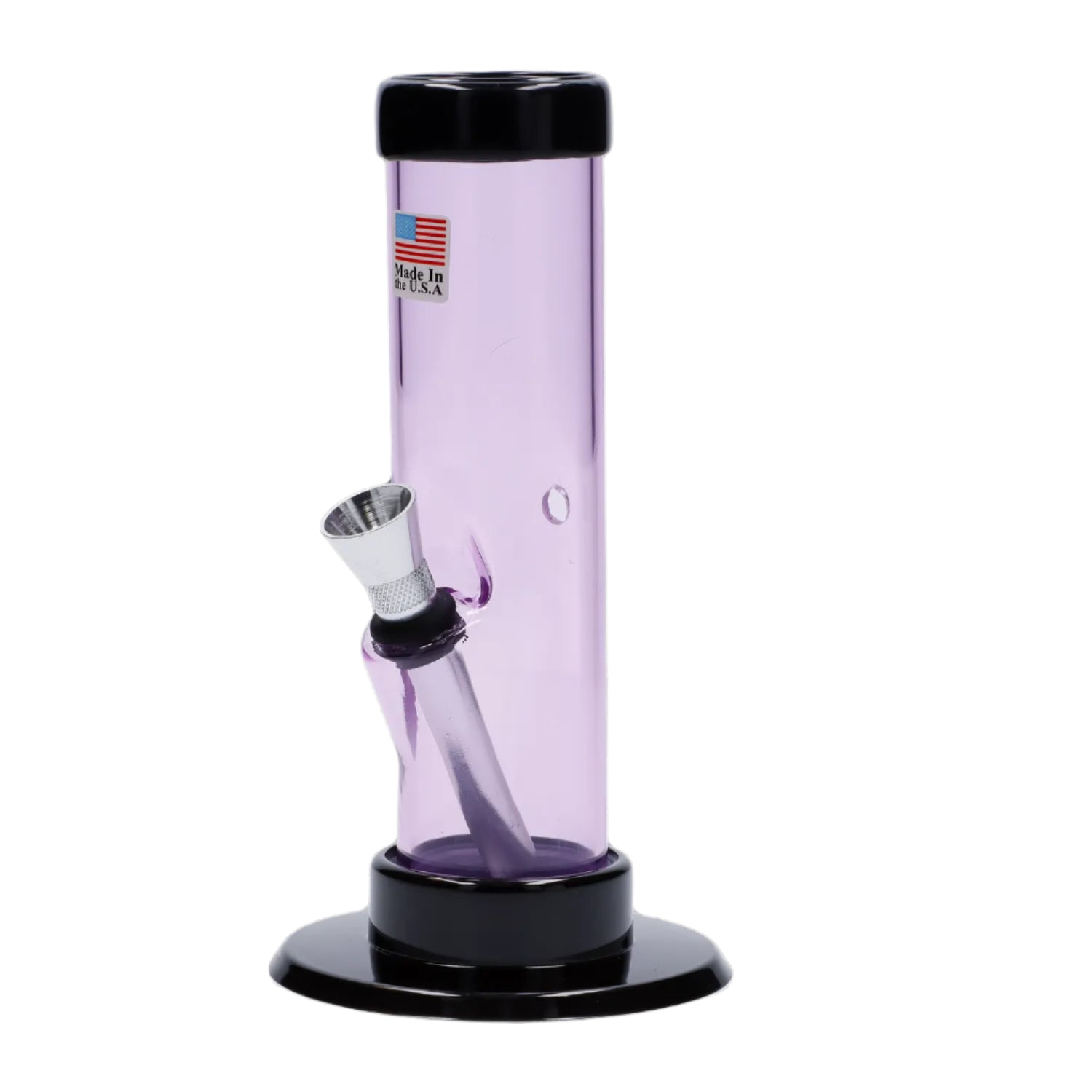 A front view of the 6-inch JM Plastics Mini Straight Tube with Carb Hole acrylic water pipe, illuminated against a plain white background. A front view of the 6-inch JM Plastics Mini Straight Tube with Carb Hole acrylic water pipe, illuminated against a plain white background.