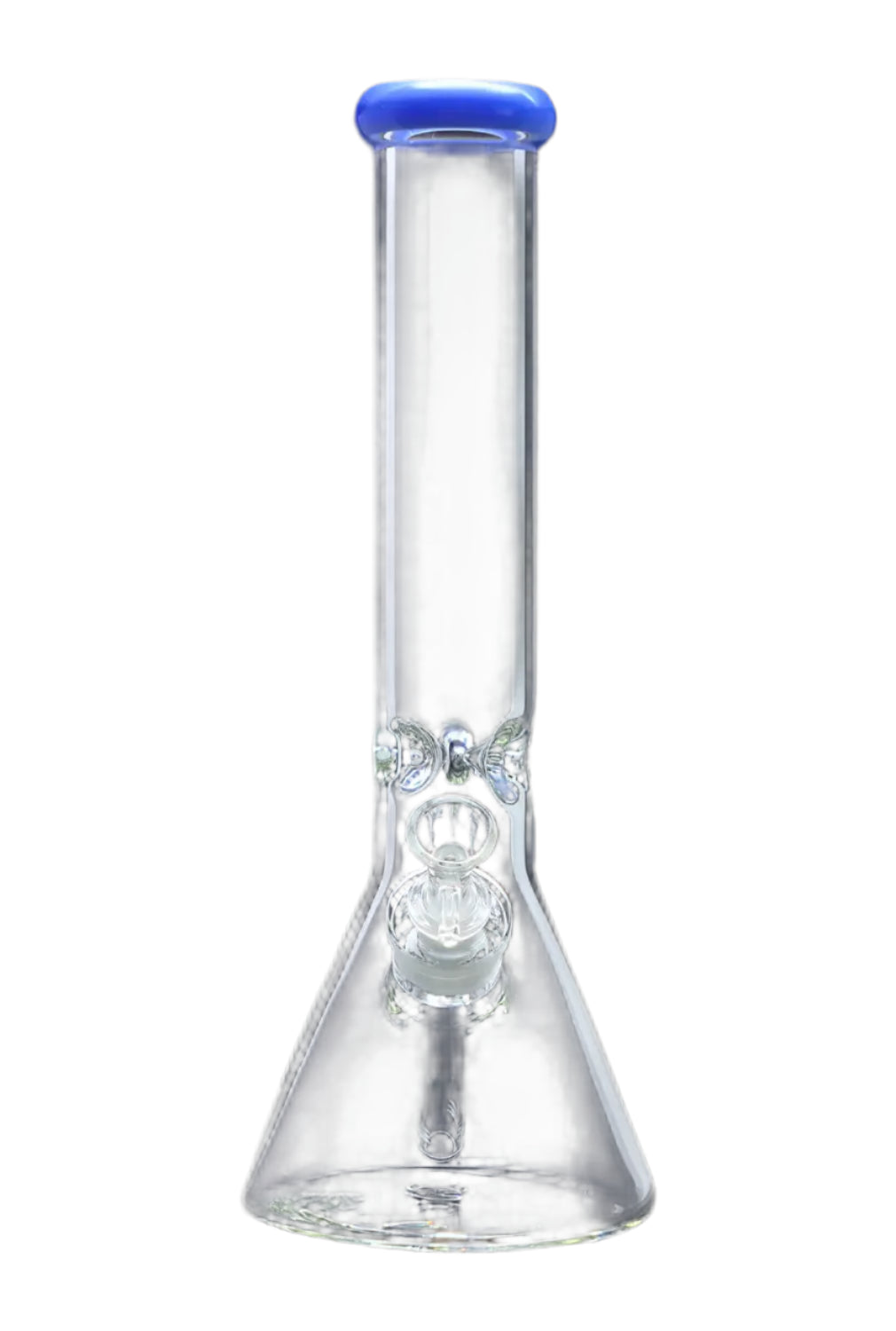 Front view of the 14-inch DankStop Beaker with a blue mouthpiece, displaying its clear glass construction and simple form. Front view of the 14-inch DankStop Beaker with a blue mouthpiece, displaying its clear glass construction and simple form.