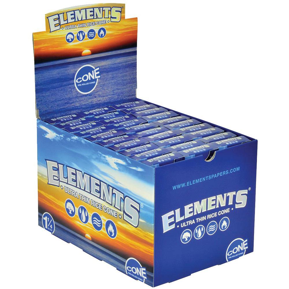 Front view of the Elements Ultra Thin Rice Cones packaging, showcasing the branded design on a blue background. Front view of the Elements Ultra Thin Rice Cones packaging, showcasing the branded design on a blue background.
