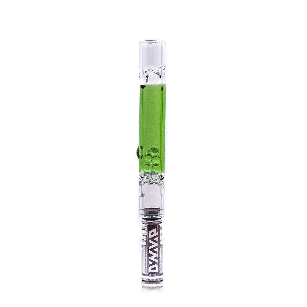 A close-up, angled view of the DynaVap Rattler glass cooling stem, showcasing its clear glass construction and slender profile. A close-up, angled view of the DynaVap Rattler glass cooling stem, showcasing its clear glass construction and slender profile.