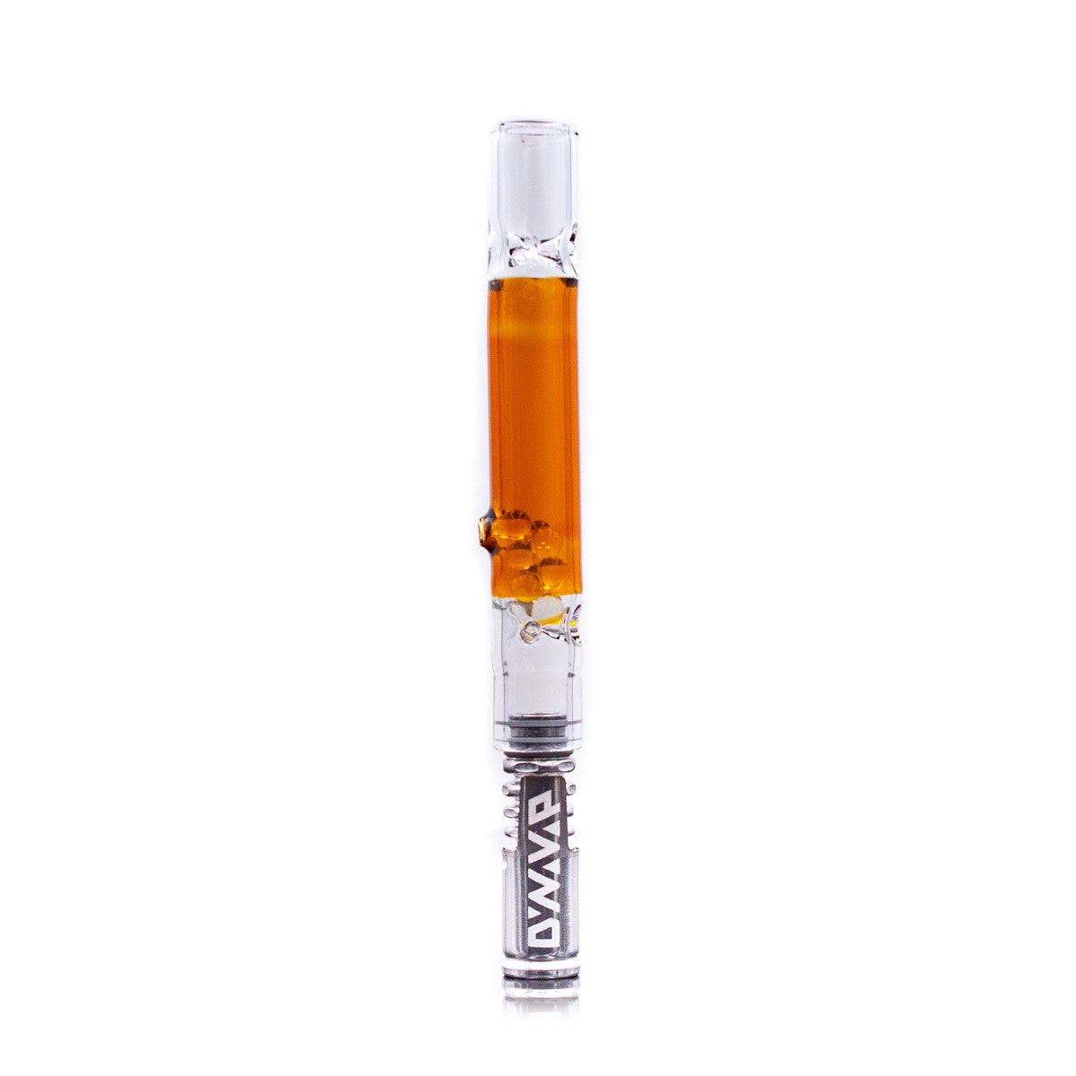 A close-up, angled view of the DynaVap Rattler glass cooling stem, showing its clear construction and simple, cylindrical form. A close-up, angled view of the DynaVap Rattler glass cooling stem, showing its clear construction and simple, cylindrical form.