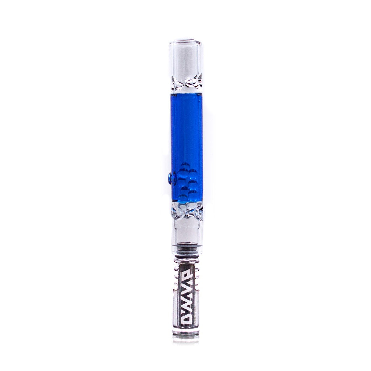 A close-up, angled view of the DynaVap Rattler glass cooling stem, showcasing its clear glass construction. A close-up, angled view of the DynaVap Rattler glass cooling stem, showcasing its clear glass construction.