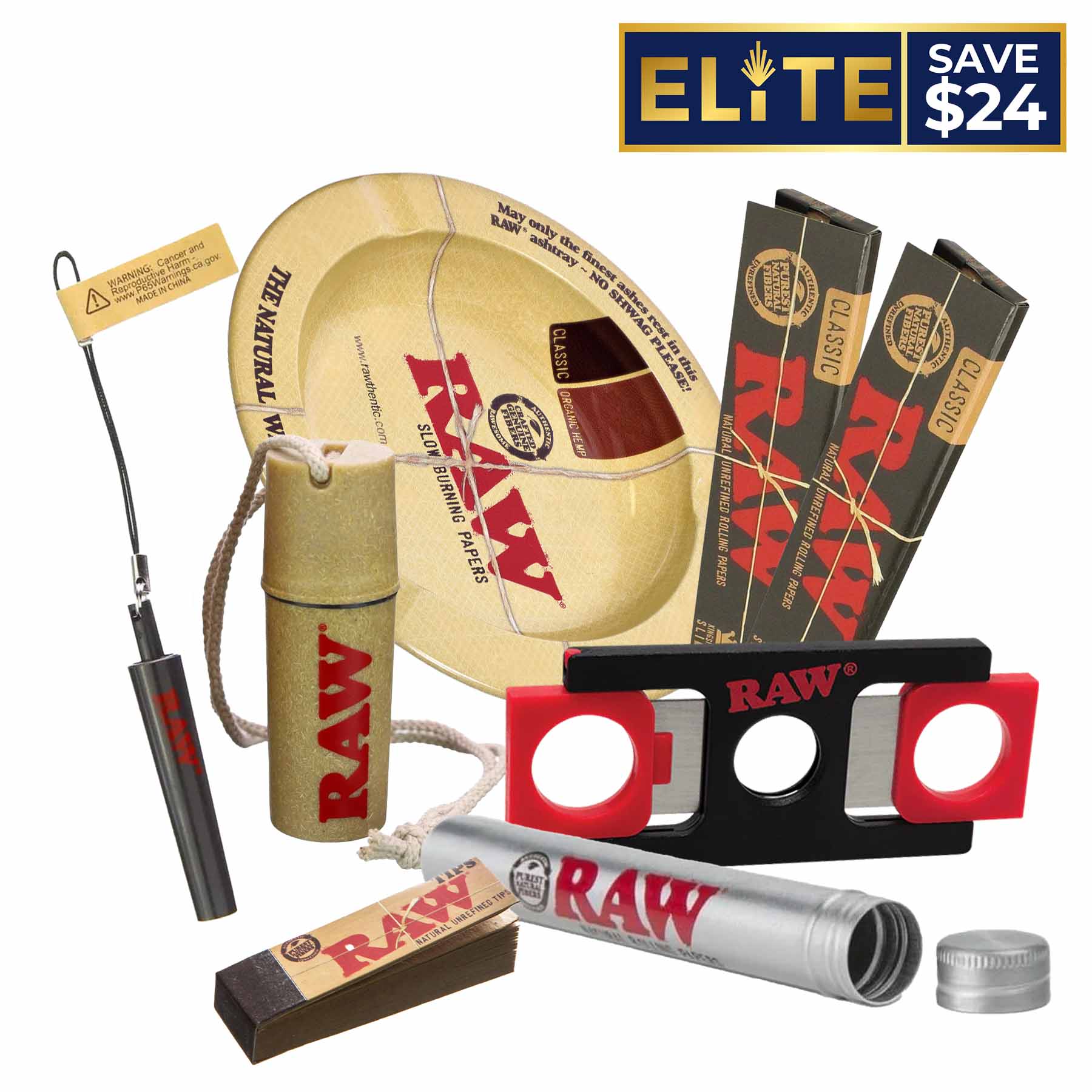 A close-up of the Raw Sesh Combo, showcasing various rolling papers and accessories arranged against a stark white background. A close-up of the Raw Sesh Combo, showcasing various rolling papers and accessories arranged against a stark white background.