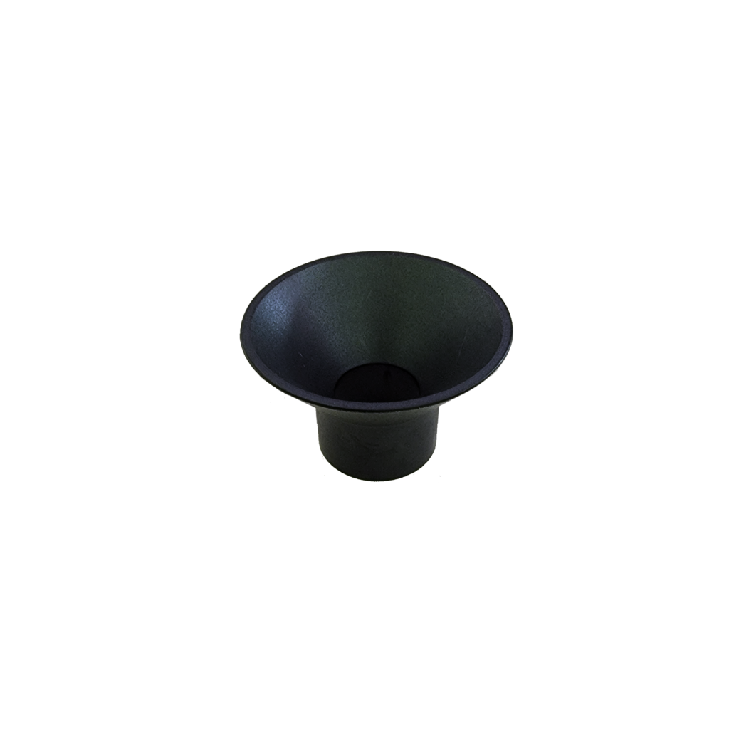 A slightly angled, front view of the Roffu Funnel, a dark-colored plastic funnel isolated on a white background. A slightly angled, front view of the Roffu Funnel, a dark-colored plastic funnel isolated on a white background.