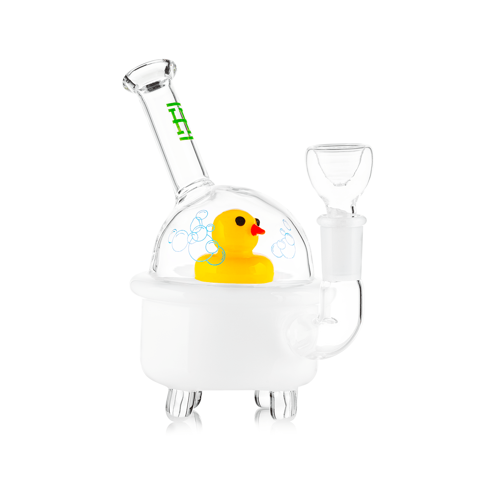 Front view of the Ducky Bong, a clear glass water pipe shaped like a cartoon duck. Front view of the Ducky Bong, a clear glass water pipe shaped like a cartoon duck.