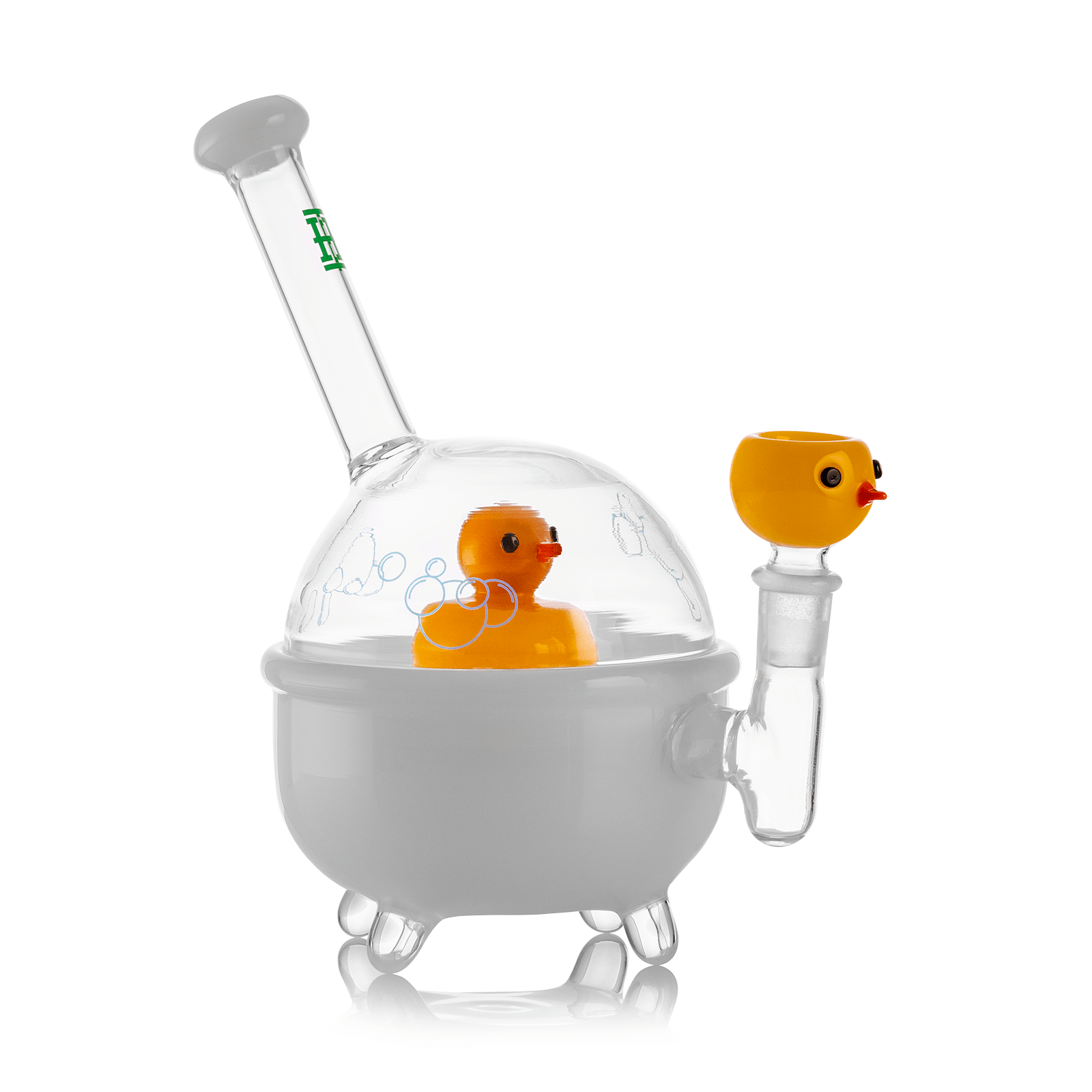 A front view of the Ducky XL Bong, featuring a clear glass water pipe shaped like a duck, with a wide base and curved neck. A front view of the Ducky XL Bong, featuring a clear glass water pipe shaped like a duck, with a wide base and curved neck.