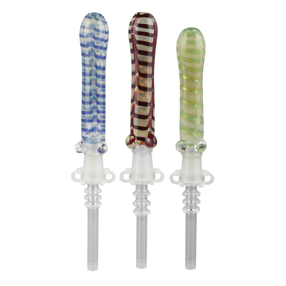 A close-up shows the Glass Dab Straw w/ 10mm Quartz Tip in assorted colors, viewed at a slight angle against a plain white background. A close-up shows the Glass Dab Straw w/ 10mm Quartz Tip in assorted colors, viewed at a slight angle against a plain white background.