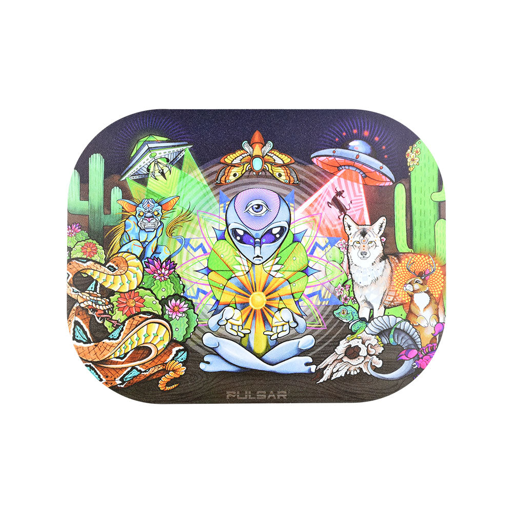 The Mini Magnetic Rolling Tray Lid - Psychedelic Desert displays a vibrant, detailed desert scene with cactus and colorful sky motifs. The Mini Magnetic Rolling Tray Lid - Psychedelic Desert displays a vibrant, detailed desert scene with cactus and colorful sky motifs.