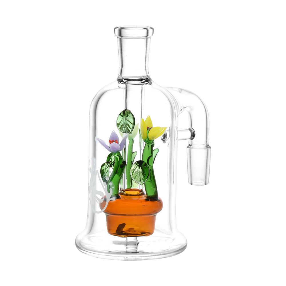 A detailed side view of the Wild Flowers Glass Ash Catcher, featuring colorful glass floral arrangements within a clear, bulbous design. A detailed side view of the Wild Flowers Glass Ash Catcher, featuring colorful glass floral arrangements within a clear, bulbous design.