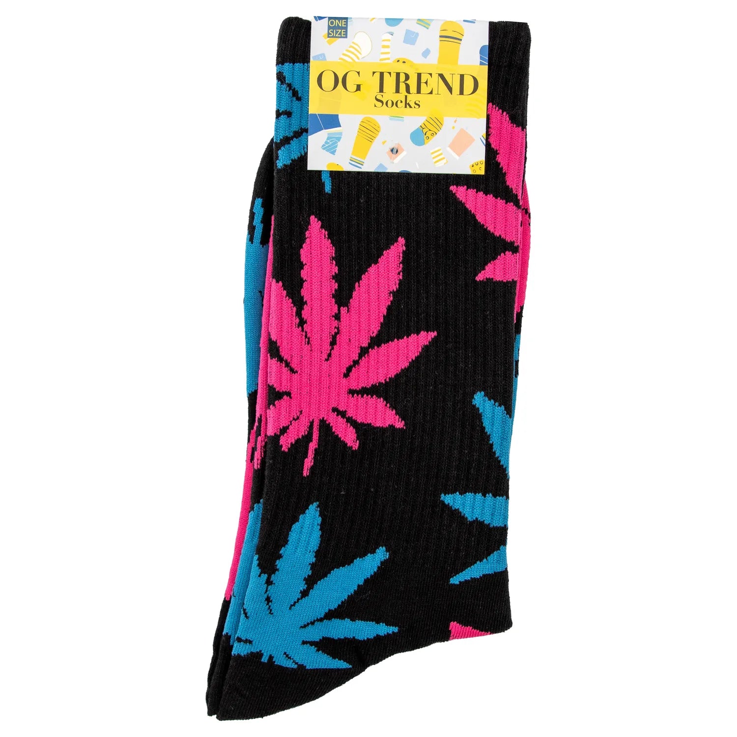 A close-up shot of the Cannabis Leaf Socks, displaying a repeating pattern of green cannabis leaves on a black background. A close-up shot of the Cannabis Leaf Socks, displaying a repeating pattern of green cannabis leaves on a black background.