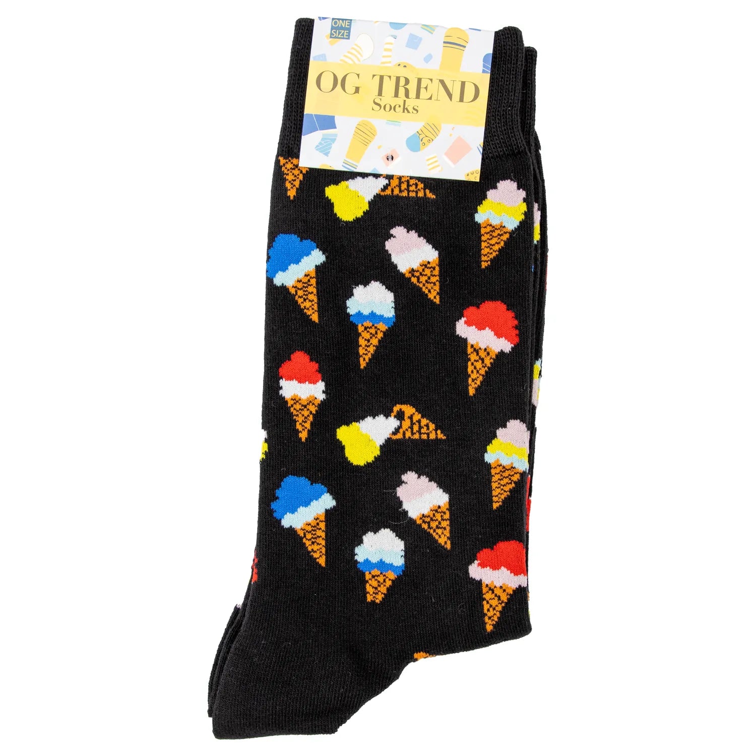 A close-up shot of the Ice Cream Cone Socks - One Size Fits All, displaying a colorful ice cream cone pattern against a black background. A close-up shot of the Ice Cream Cone Socks - One Size Fits All, displaying a colorful ice cream cone pattern against a black background.