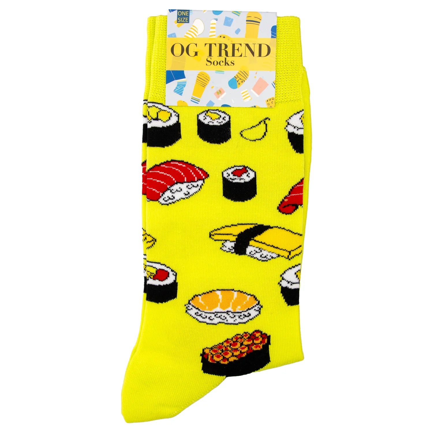 Front view of the Sushi Socks - One Size Fits All, featuring a colorful, repeating sushi pattern on white socks. Front view of the Sushi Socks - One Size Fits All, featuring a colorful, repeating sushi pattern on white socks.