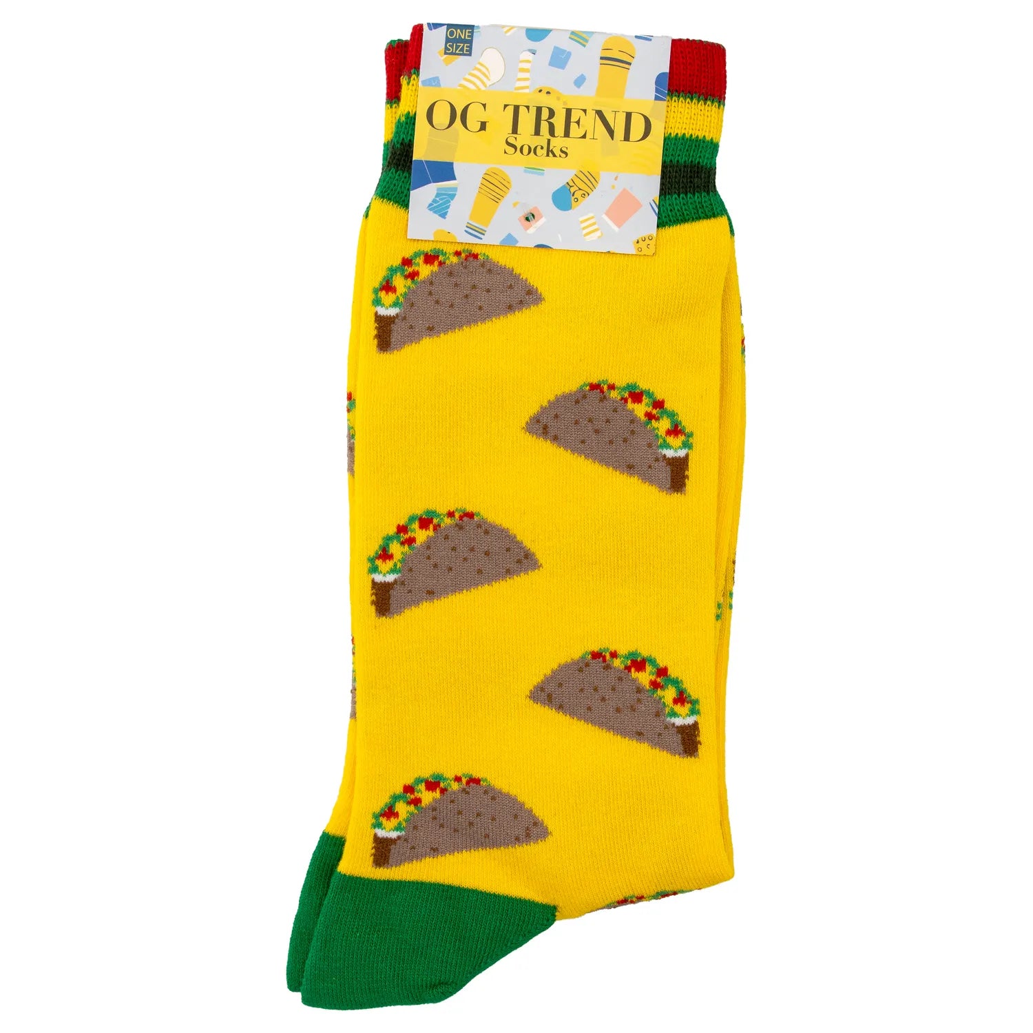 A close-up, angled view of the Taco Socks – One Size Fits All, showcasing a colorful taco design on a ribbed sock. A close-up, angled view of the Taco Socks – One Size Fits All, showcasing a colorful taco design on a ribbed sock.