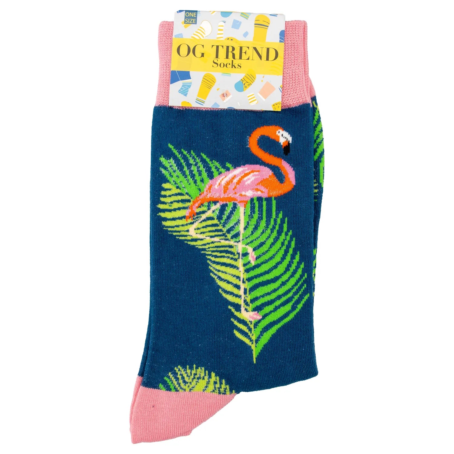 A close-up shows the Flamingo Leaf Socks, featuring a vibrant leaf pattern against a white background. A close-up shows the Flamingo Leaf Socks, featuring a vibrant leaf pattern against a white background.