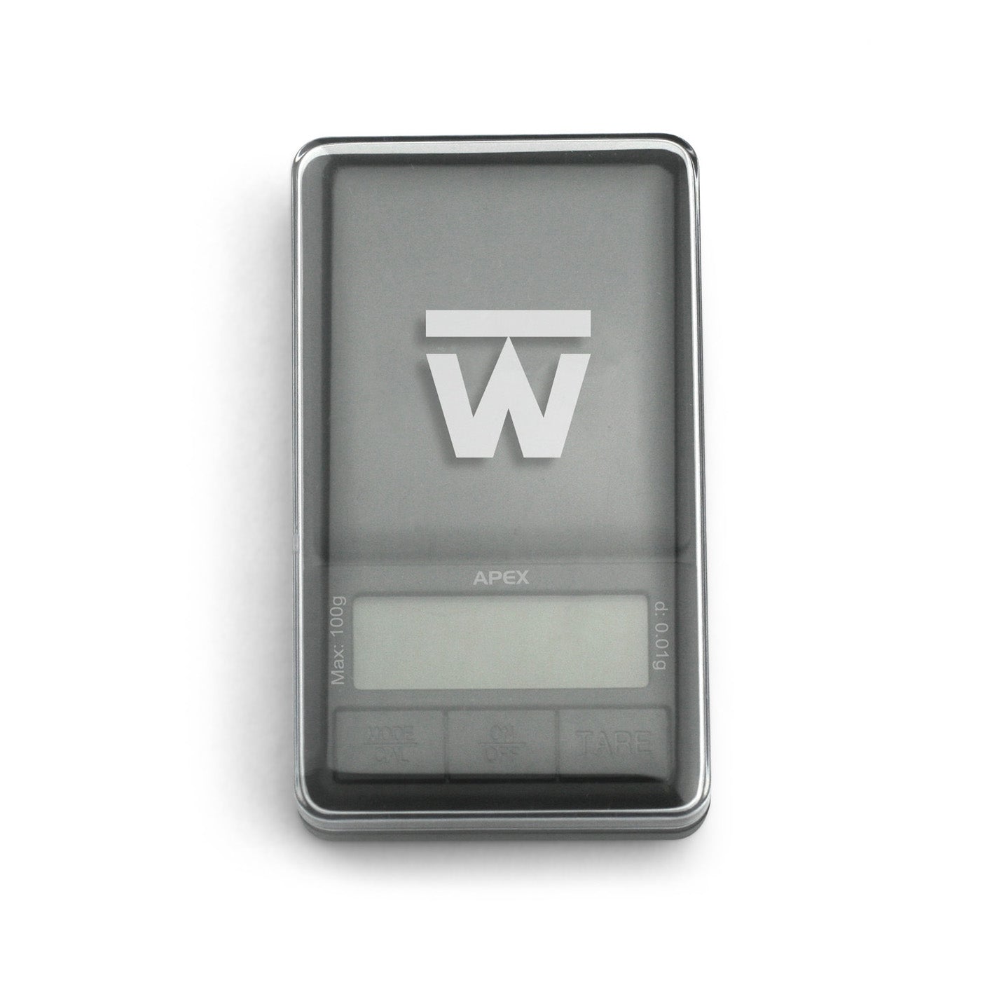 Close-up of the APEX Digital Mini Scale - 100g x 0.01g, showing a sleek, black digital display against a neutral background. Close-up of the APEX Digital Mini Scale - 100g x 0.01g, showing a sleek, black digital display against a neutral background.