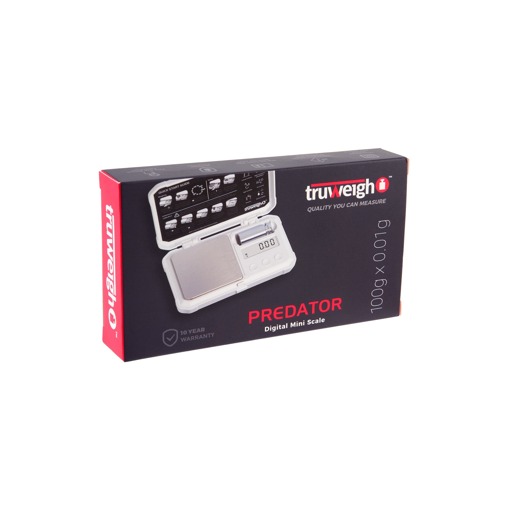 Front view of the Predator Mini Scale with Weight – 100g x 0.01g, showing the digital display and sleek black design. Front view of the Predator Mini Scale with Weight – 100g x 0.01g, showing the digital display and sleek black design.