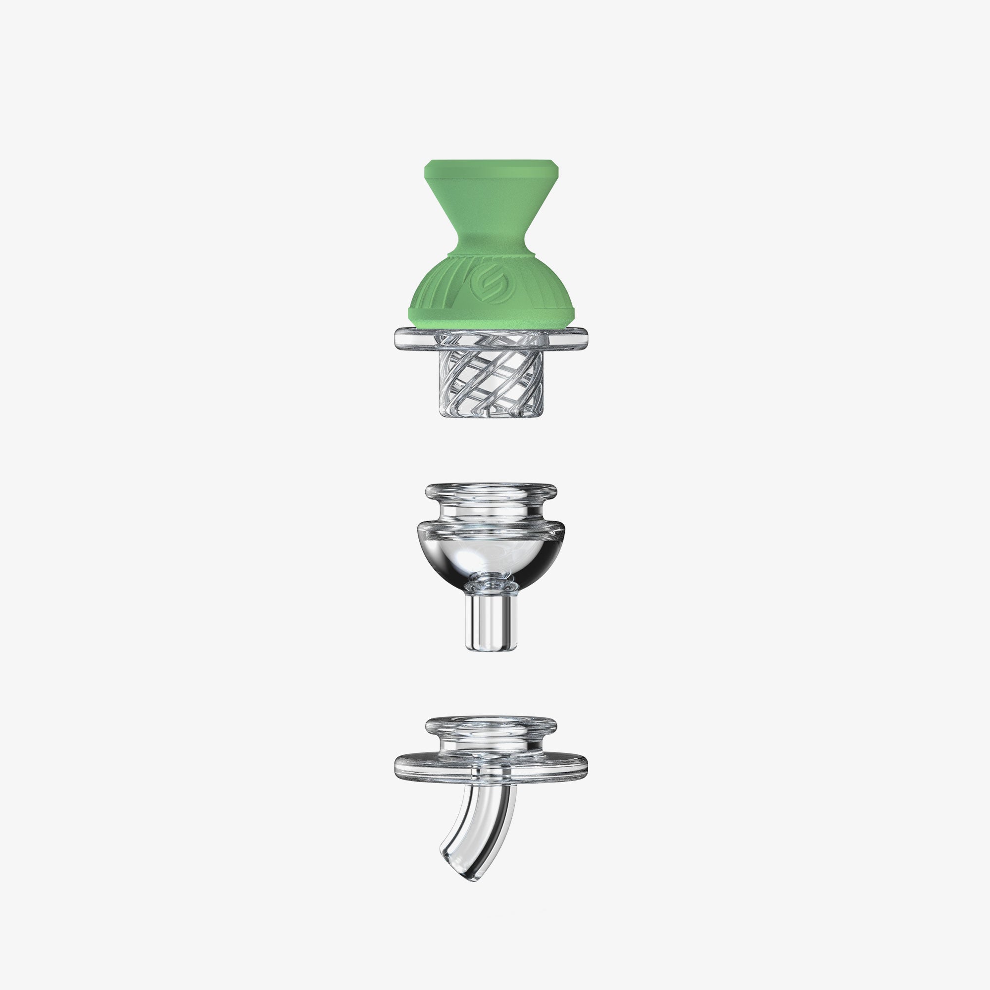 A detailed view of the Tandem Convertible Cap Set, showcasing the clear glass components arranged vertically against a white backdrop. A detailed view of the Tandem Convertible Cap Set, showcasing the clear glass components arranged vertically against a white backdrop.
