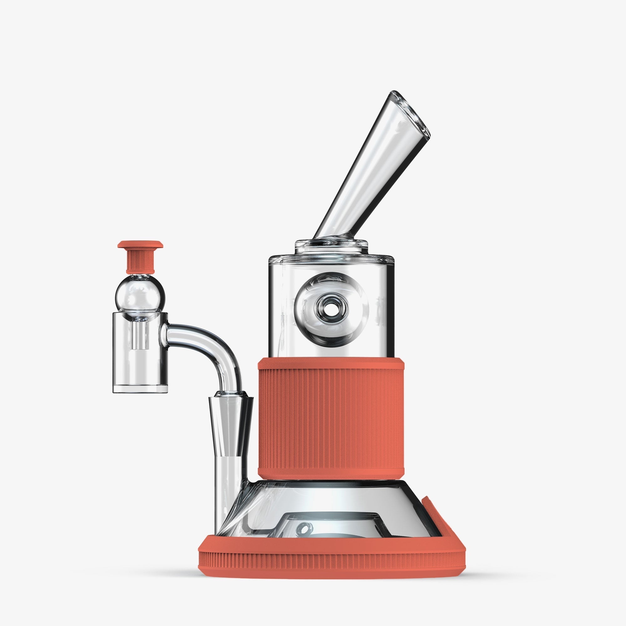 Front view of the Tandem Silicone Sleeve, a red protective sleeve surrounding the clear glass neck of a water pipe. Front view of the Tandem Silicone Sleeve, a red protective sleeve surrounding the clear glass neck of a water pipe.